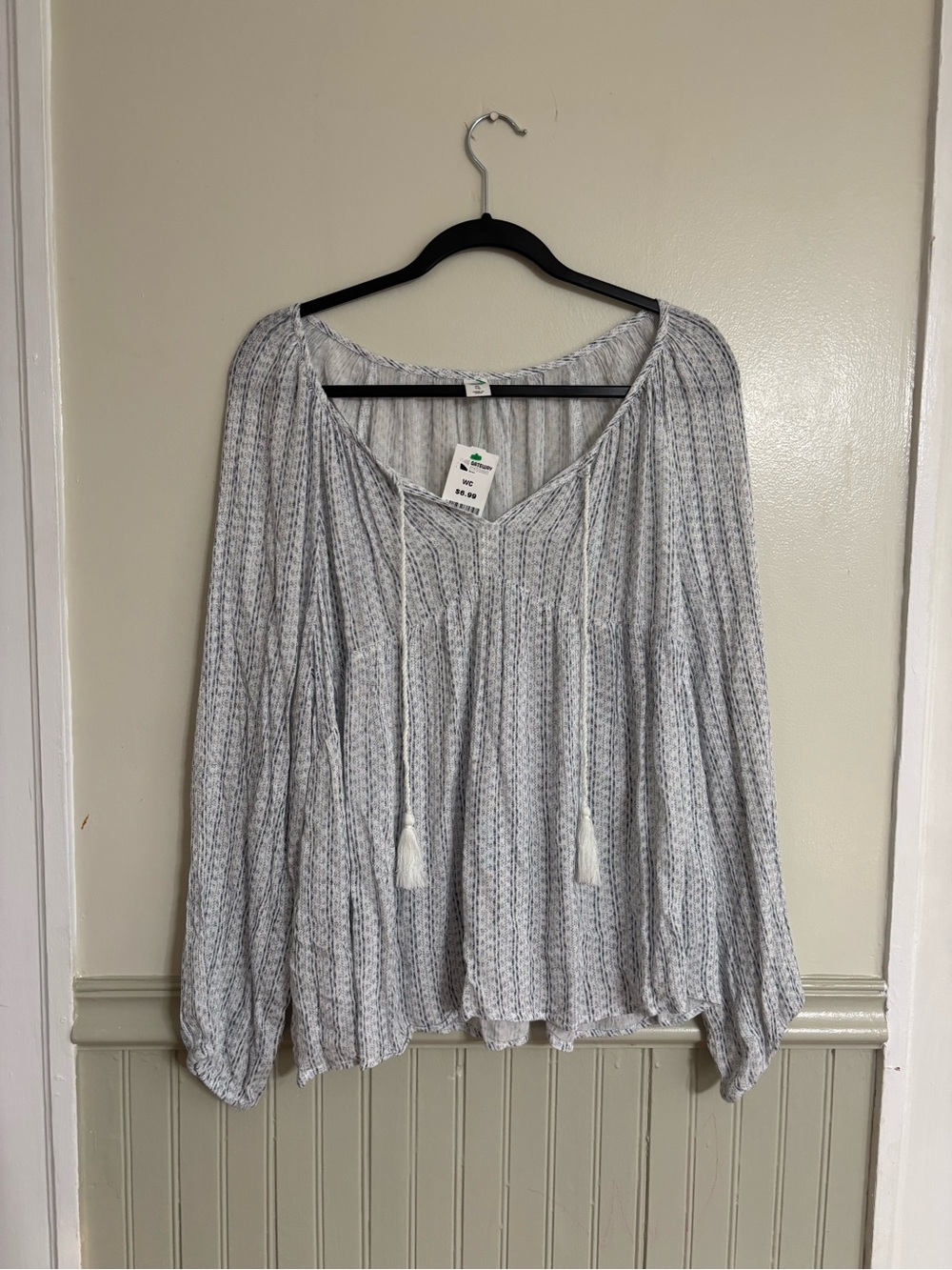 Old Navy Light Gray Peasant Blouse with Tassel Ties